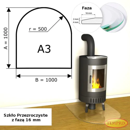 Temprix - Podstawa kominkowa z fazą ze szkła przezroczystego A3