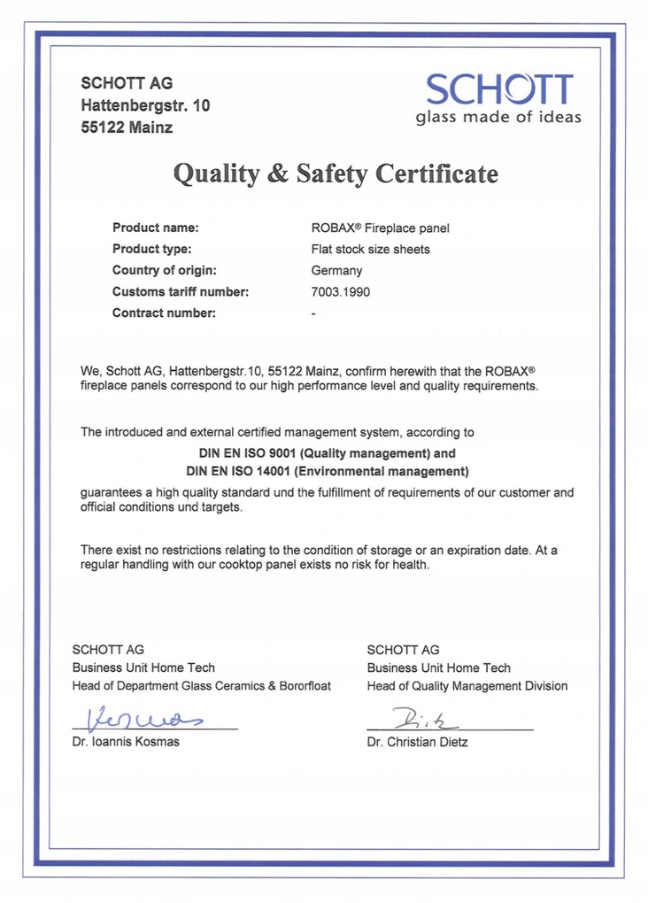 Certyfikat jakości szkła kominkowego